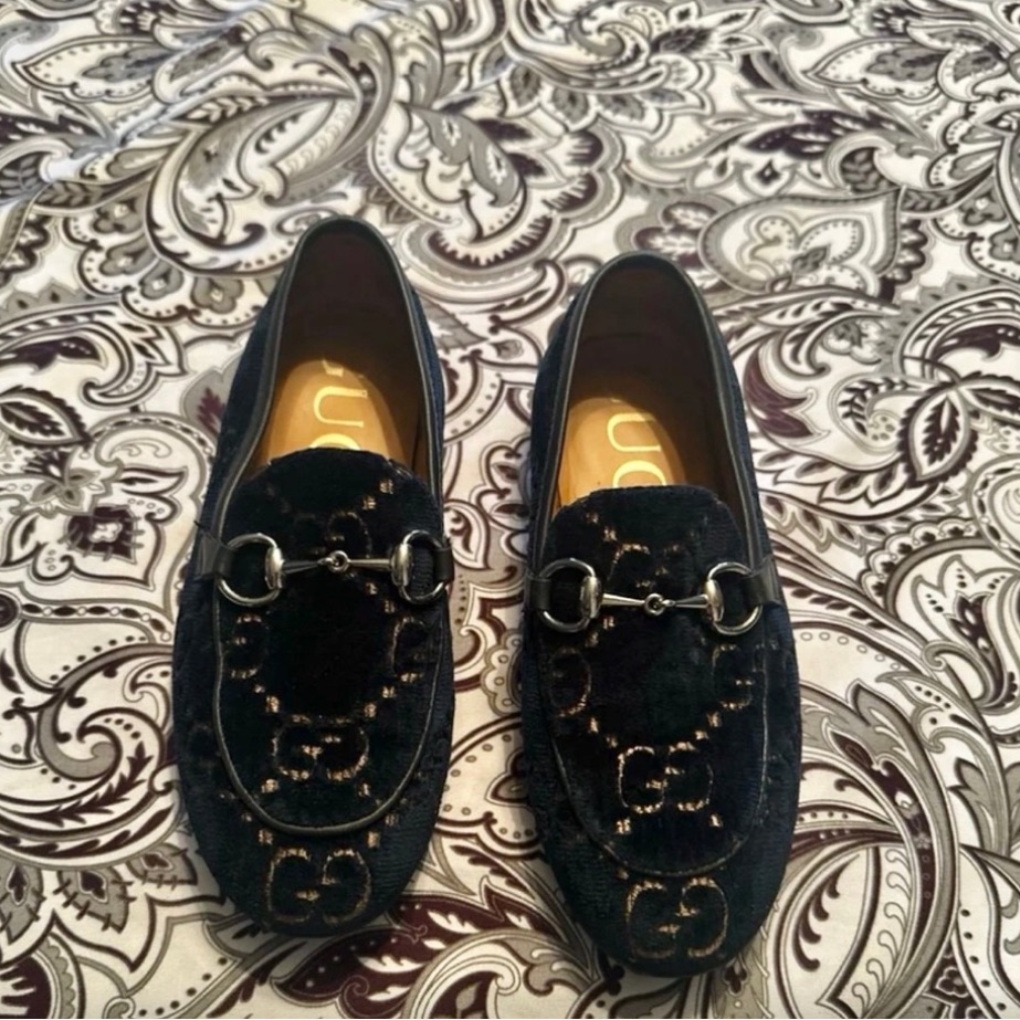Gucci Gold Horsbit Navy Loafers